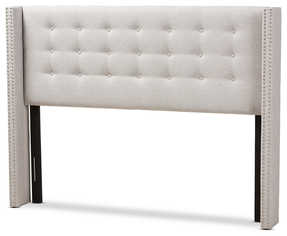 Ginaro Grayish Beige Fabric Button-Tufted Nail Head King Size Winged Headboard