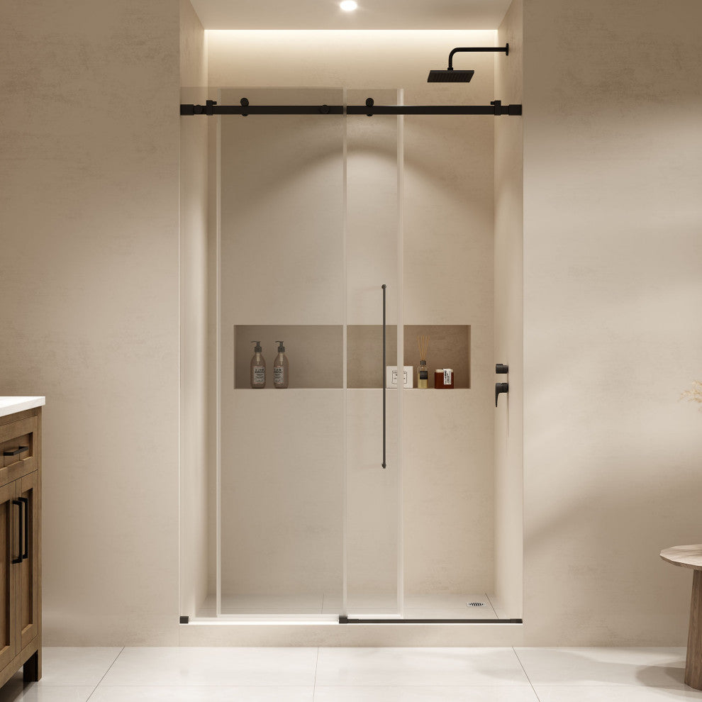 Selby Frameless Sliding Clear Alcove Shower Door, Black, 48"