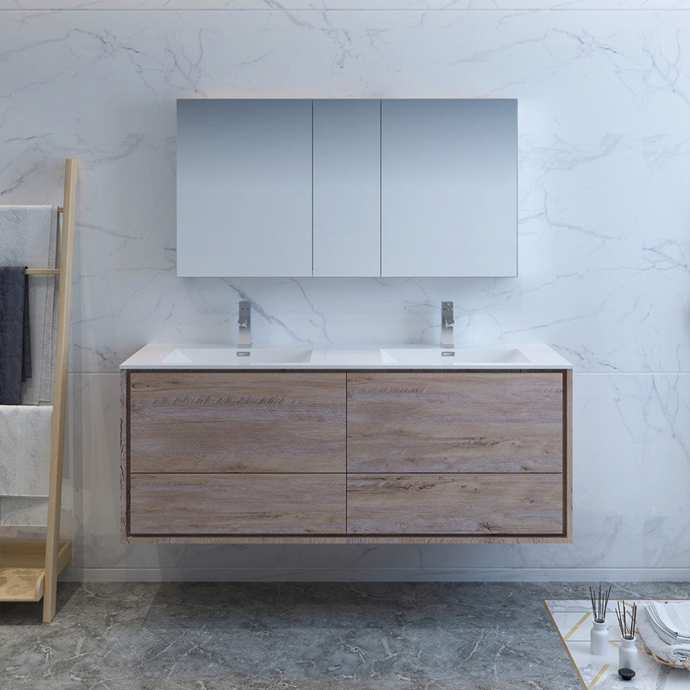Fresca Catania 60" Natural Wood Wall Hung Double Sink Vanity, Medicine Cabinet