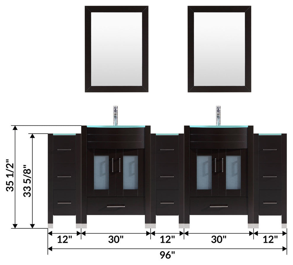 96" Black Vanity, 30" Double Sink Bases, Triple 12 Drawer Bases, LV3-C20-96-B