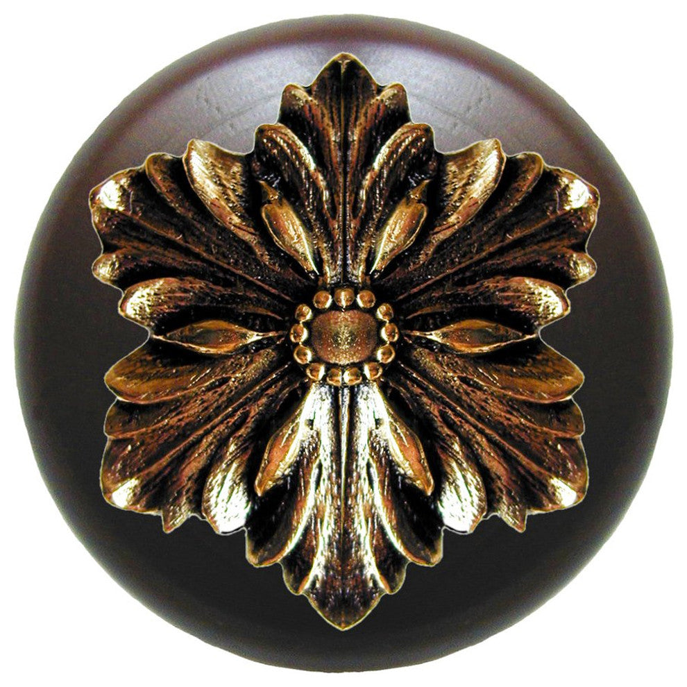 Opulent Flower Wood Knob, Antique Brass, Dark Walnut Wood Finish, Brite Brass