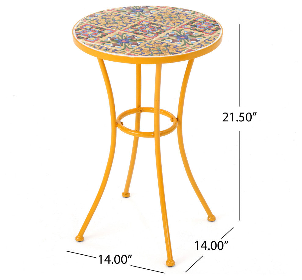 GDF Studio Brienne Outdoor Yellow Ceramic Tile Side Table With Iron Frame