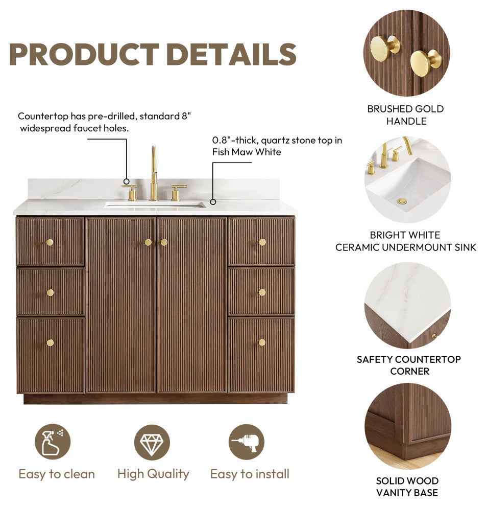 Oza Bath Vanity with Quartz Stone Top, Aged Dark Brown Oak, 48", Single Vanity, With Mirror