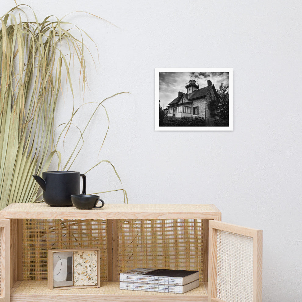Cedar Point Lighthouse in Black and White Framed Photo Paper Wall Art Prints, White, 11" X 14"