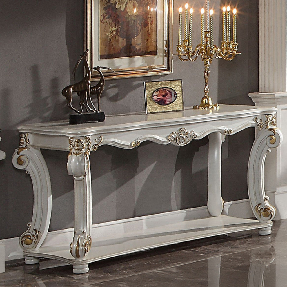Wooden Sofa Table with Bottom Shelf in Antique Pearl