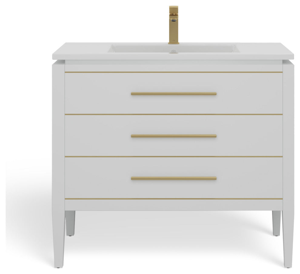 Celios Bathroom Vanity, White With Brass Trim, 36", Single Sink, Freestanding