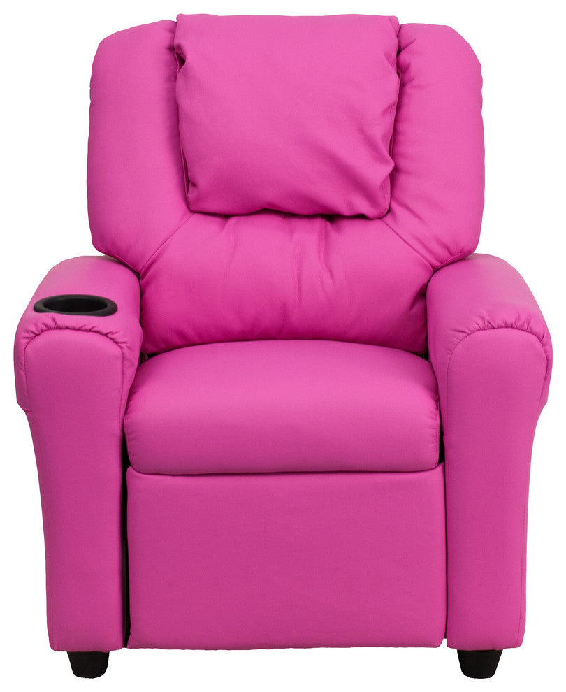 Contemporary Hot Pink Vinyl Kids Recliner With Cup Holder and Headrest