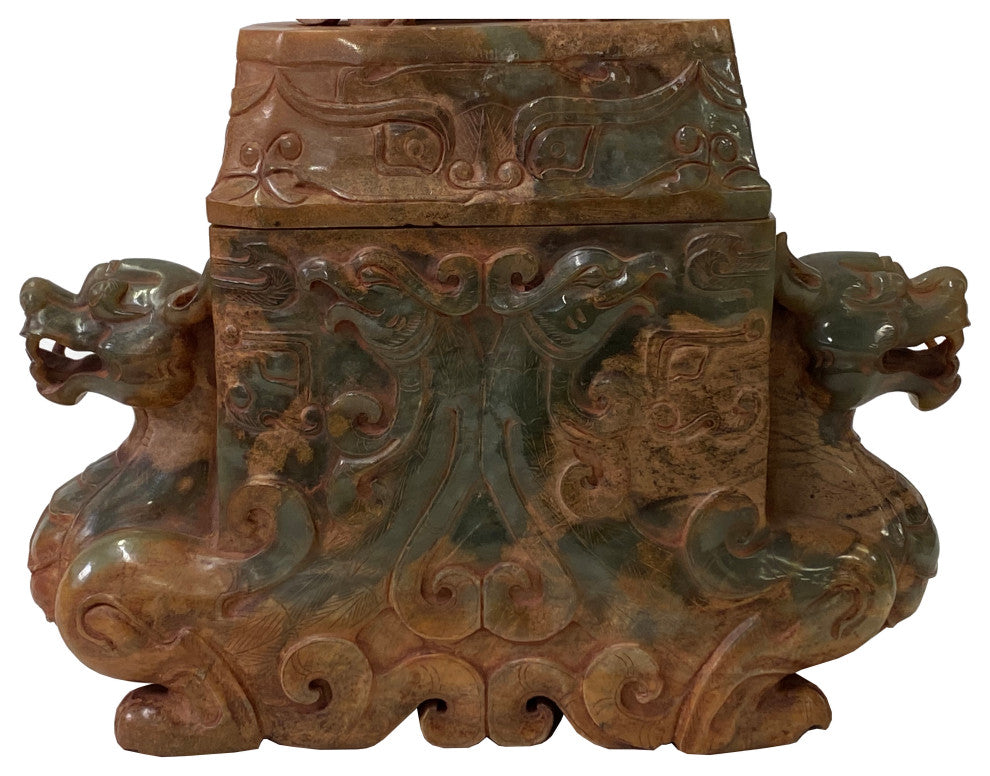 Chinese Stone Carved Tan Green Rectangular Pixiu Incense Burner Display Hws3150