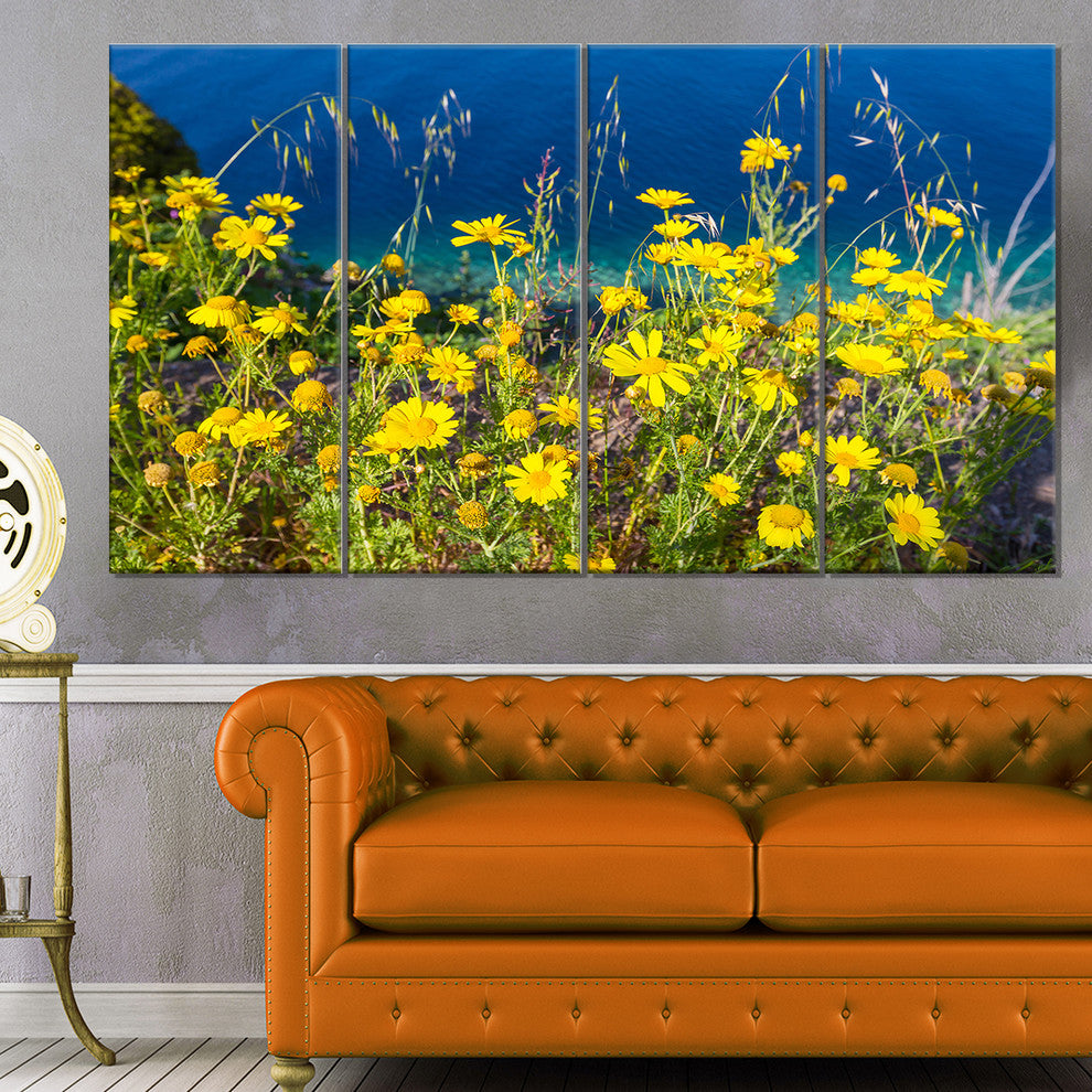 Wild Yellow Flowers over Sea Coast, Large Flower Canvas Print, 48"x28", 4 Panels