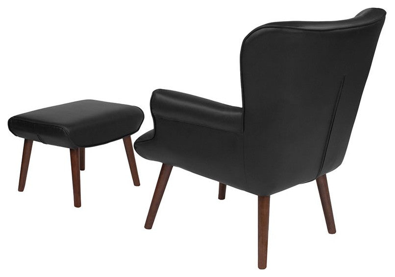 Bayton Upholstered Wingback Chair With Ottoman In Black Leather