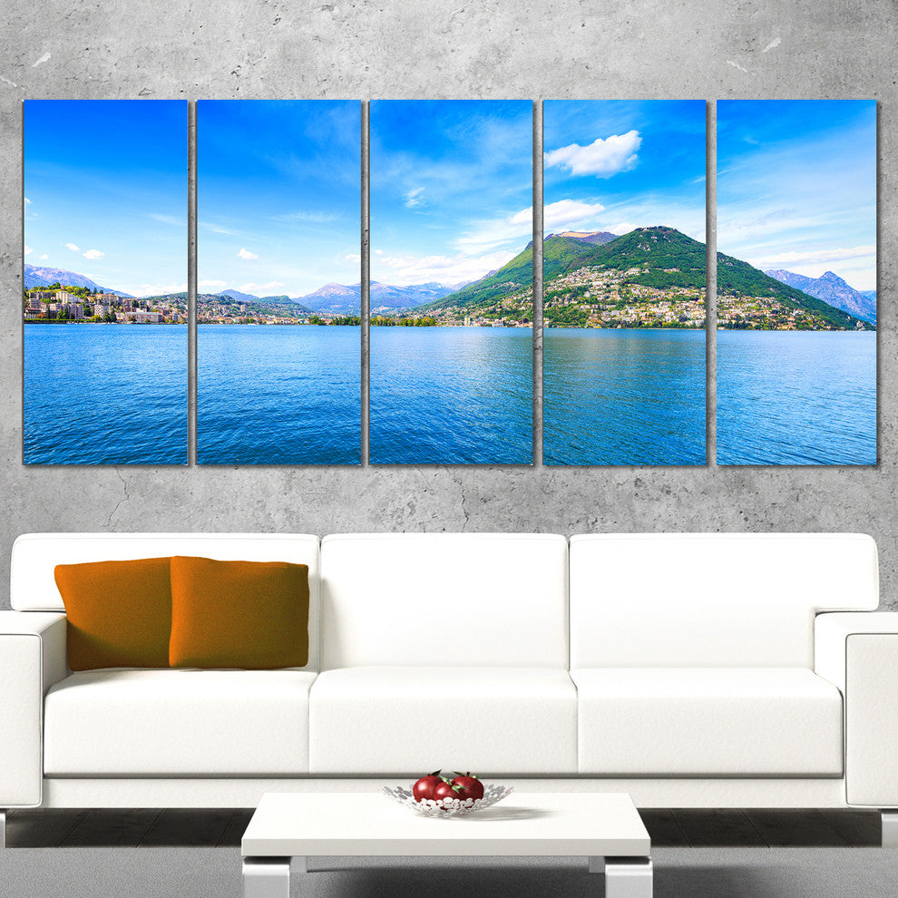 "Lugano Lake Ticino Panorama" Seashore Canvas Art, 5 Panels, 60"x28"