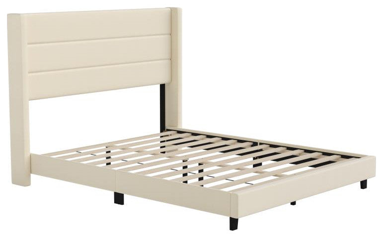 Hollis Upholstered Platform Bed with Wingback Headboard w/Mattress Foundation, Beige, Queen