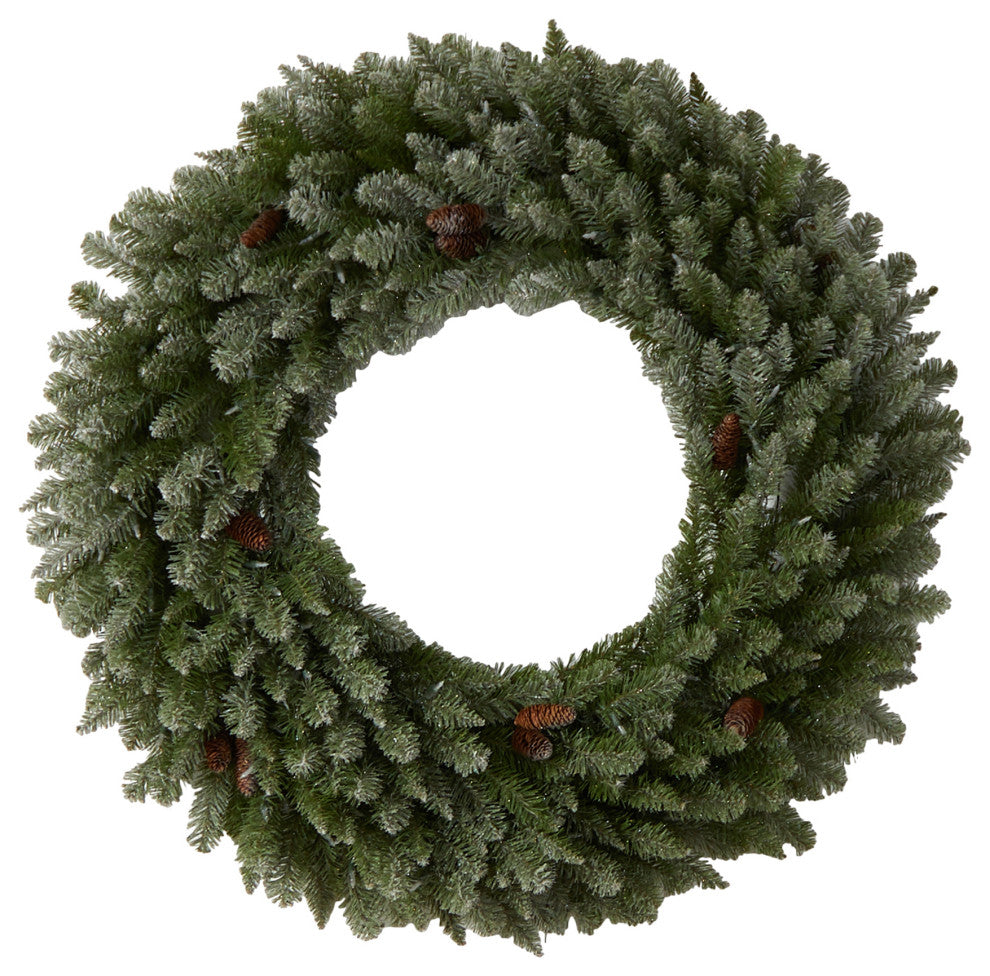 4ft. Large Flocked Faux Xmas Wreath W/Pinecone, Clear Lights & Bendable Branches