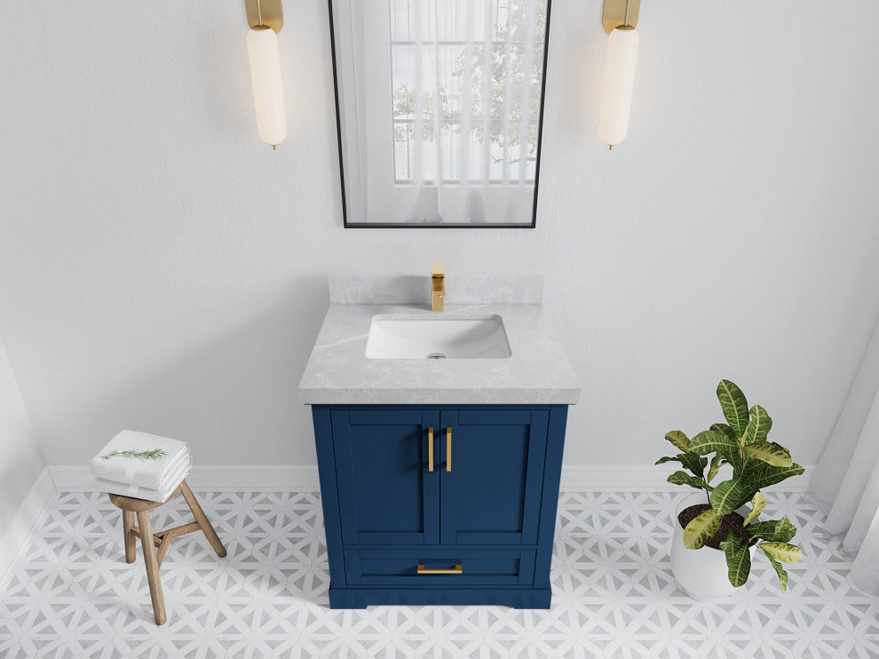 Boston 30 Single Sink Bath Vanity in Navy Blue 2" Pearl Gray