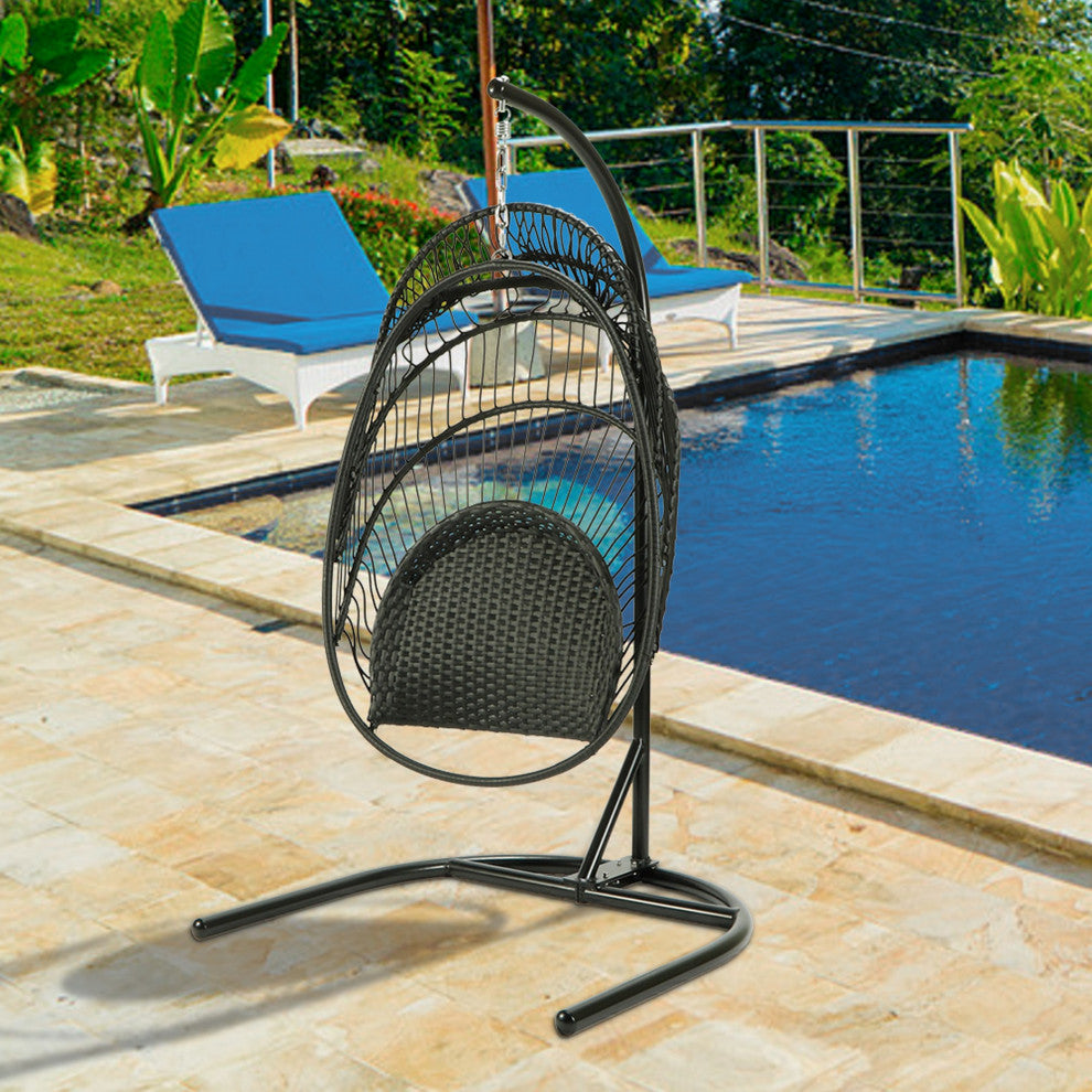 Outdoor Patio Swing Chair Egg Hanging With Cushion and Pillow, Black Beige