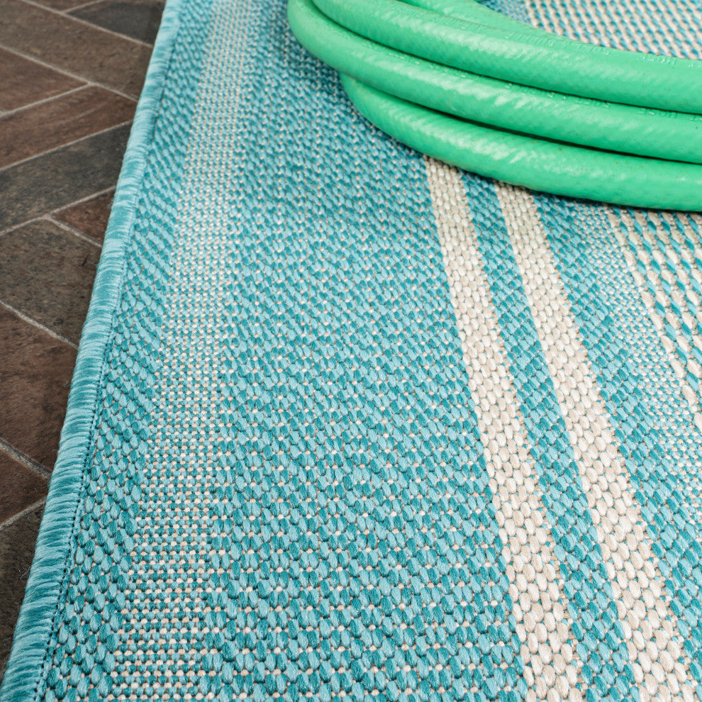Haynes Modern Double Stripe Indoor/Outdoor Area Rug, Aqua/Beige, 8x10