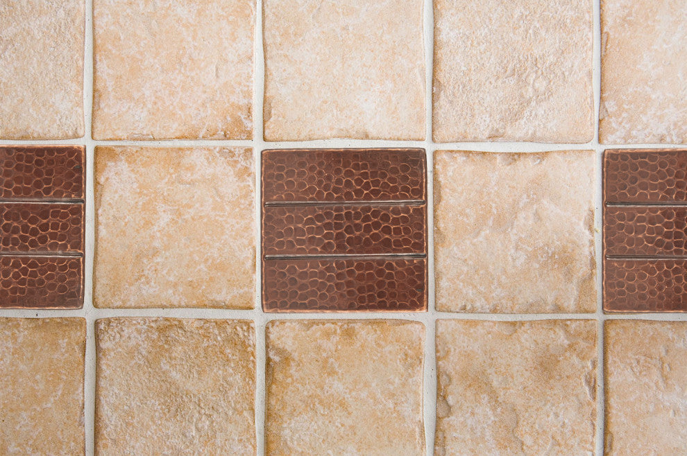 Hammered Copper Tile with Linear Design, 4"x4", Set of 4