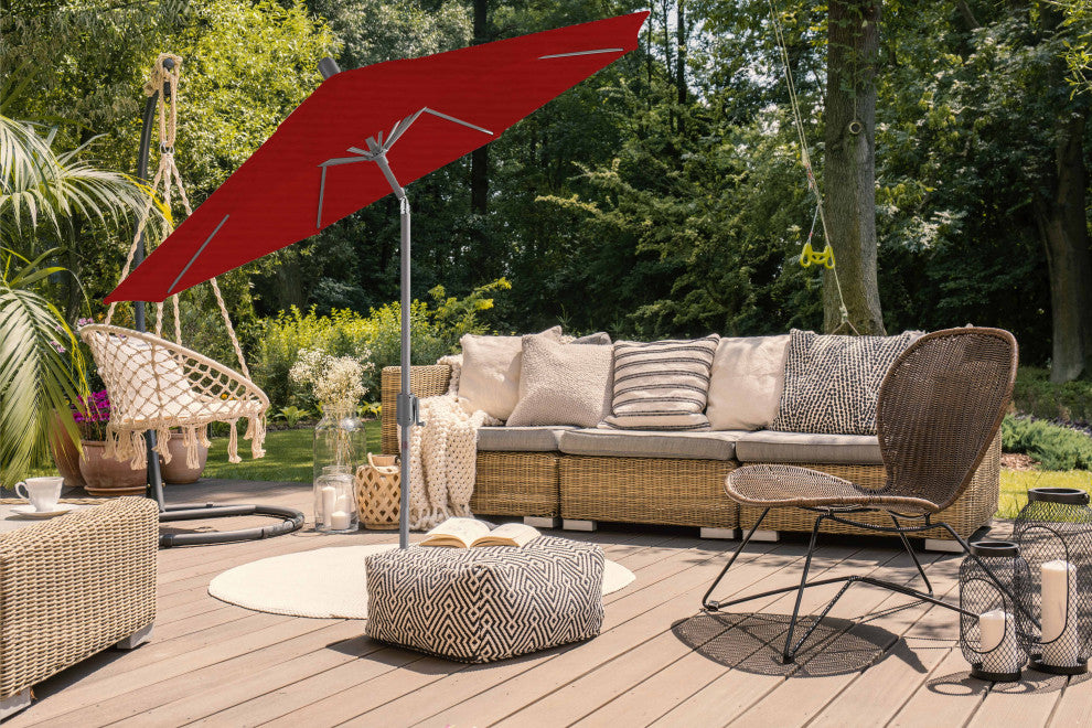 9' Round Push Tilt Market Umbrella, Grey Frame, Sunbrella, Jockey Red