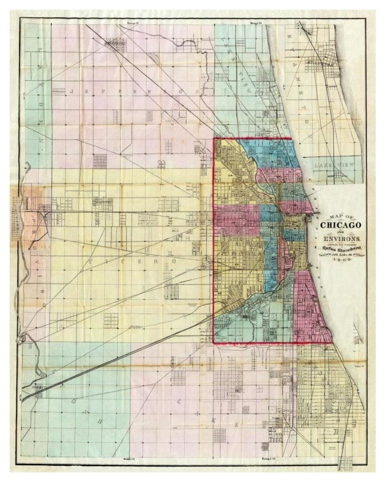 "Map of Chicago and Environs, 1869" Print by Rufus Blanchard, 31"x38"