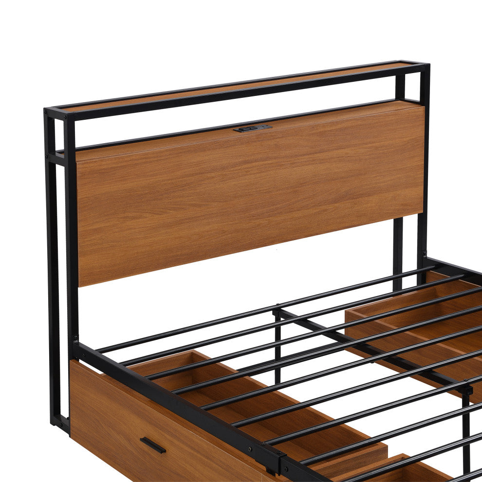 Full/Queen Metal Frame Wood Platform Bed with Four Drawers, Sockets and USB Port