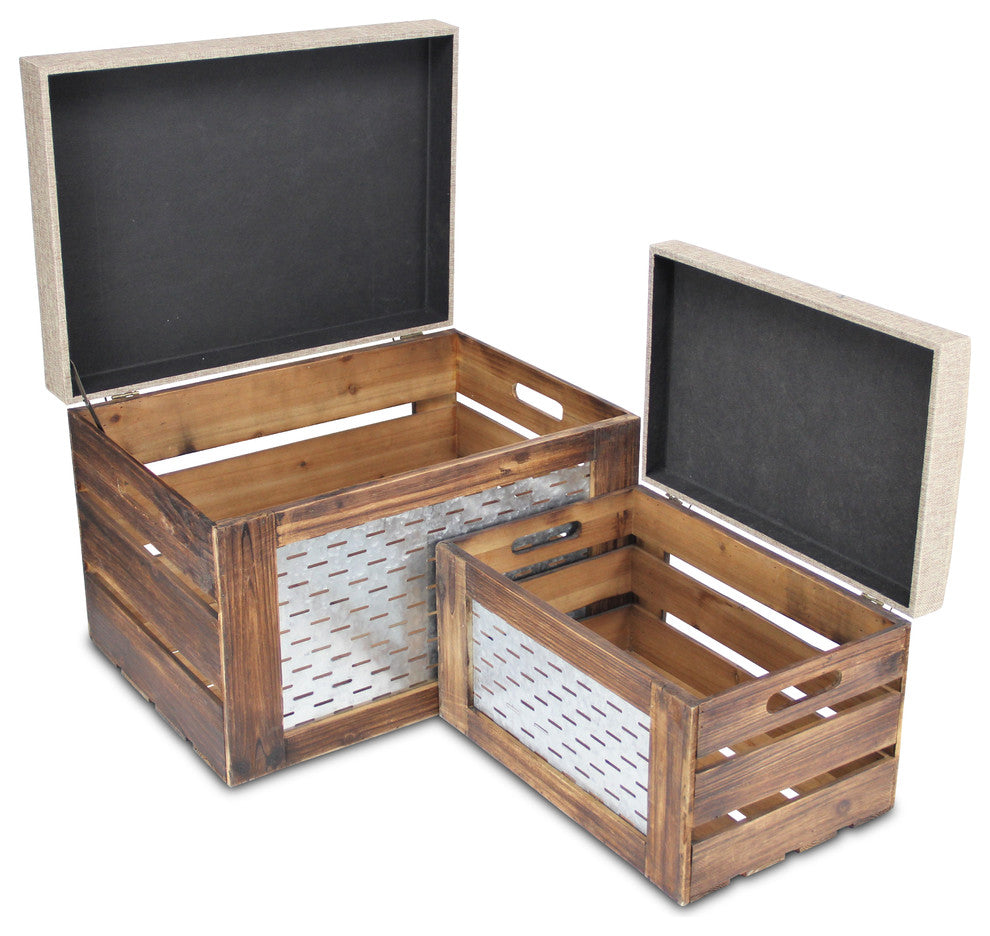 Storage Benches, Brown, Galvanized Olive Bucket, 2-Piece Set