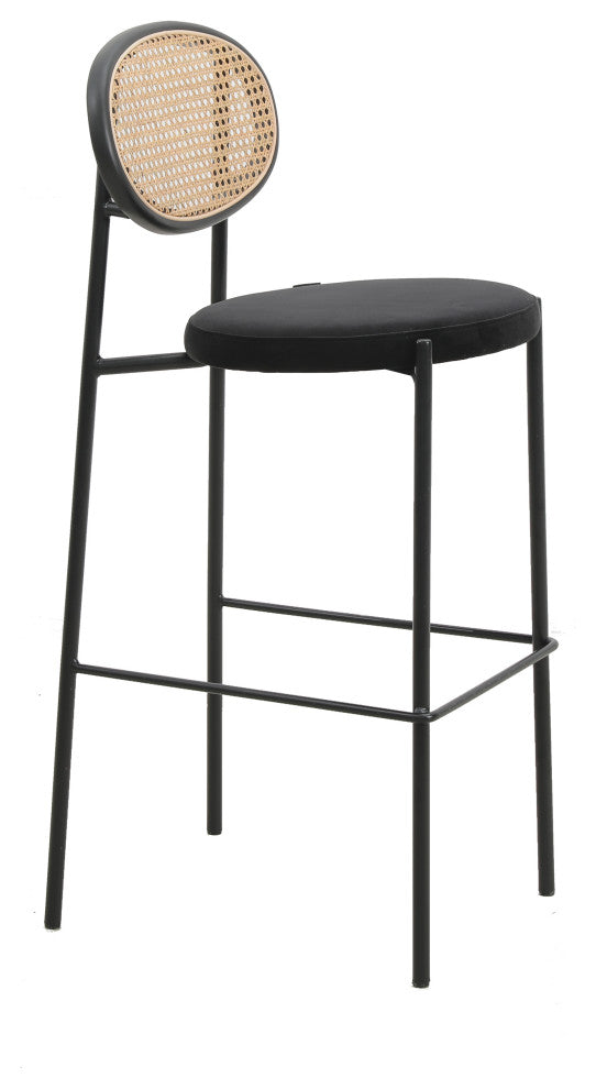LeisureMod Euston Wicker Bar Stool With Black Steel Frame and Footrest, Black