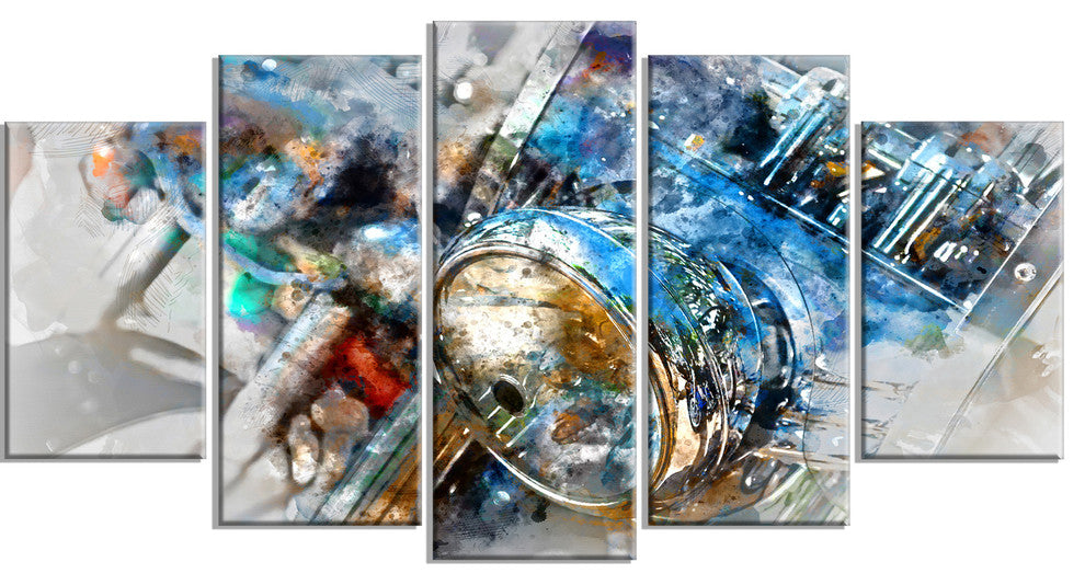 Motorcycle Headlight Watercolor, Contemporary Canvas Print, 60"x32", 5 Panels
