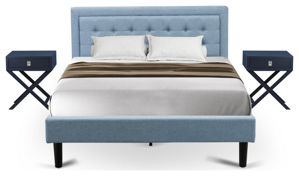 3Pc Fannin Wooden Bedroom Set, 1 Platform Bed Frame, 2 Nightstands, Denim Blue
