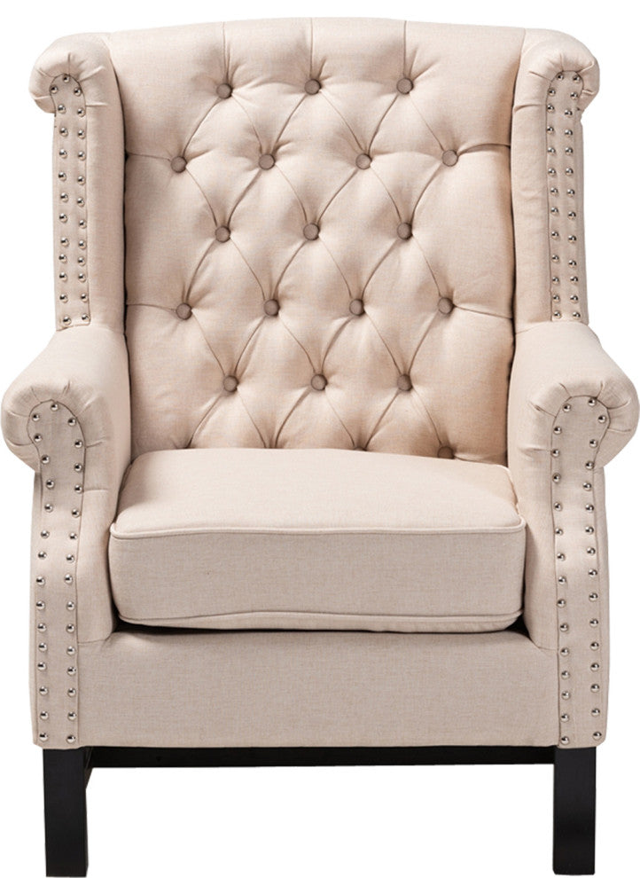 Transitional Beige Fabric Upholstered Button Tufted Armchair
