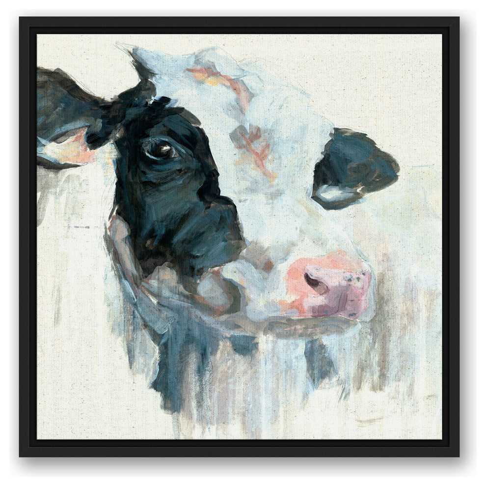 Curious Painted Dairy Cow 20x20 Black Floating Framed Canvas