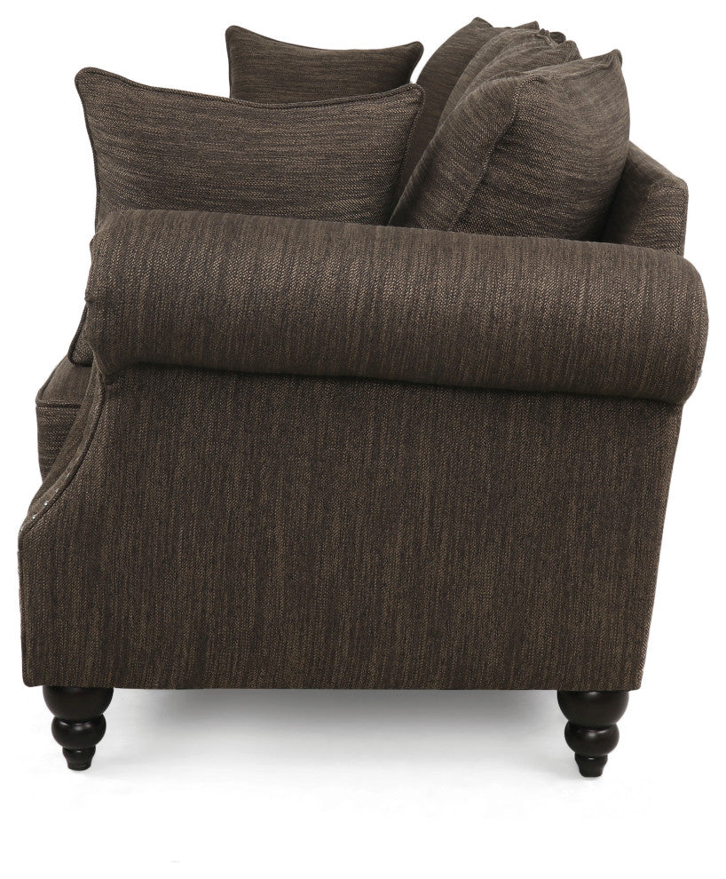 Bonny Fabric Pillowback 3-Seater Sofa With Nailhead Trim, Brown/Dark Brown