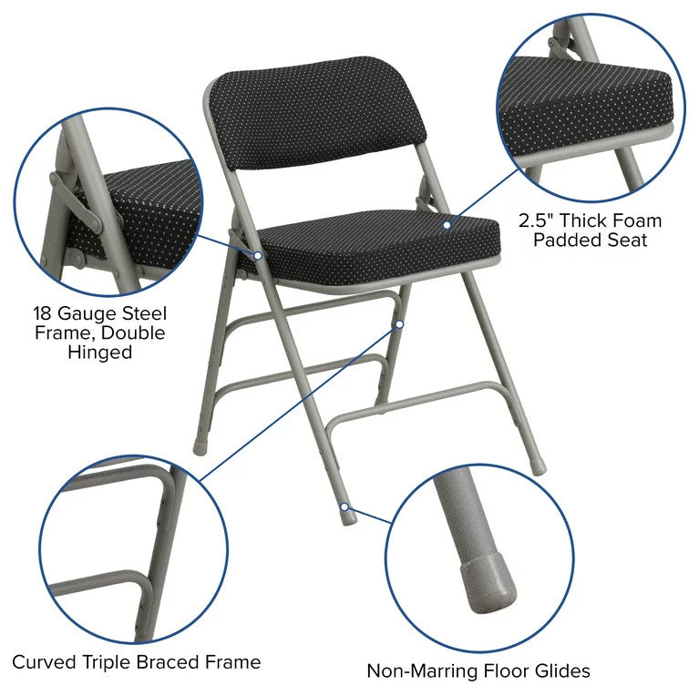 Set of 4 Folding Chair, Pin Dotted Fabric Upholstered Seat & Backrest, Black