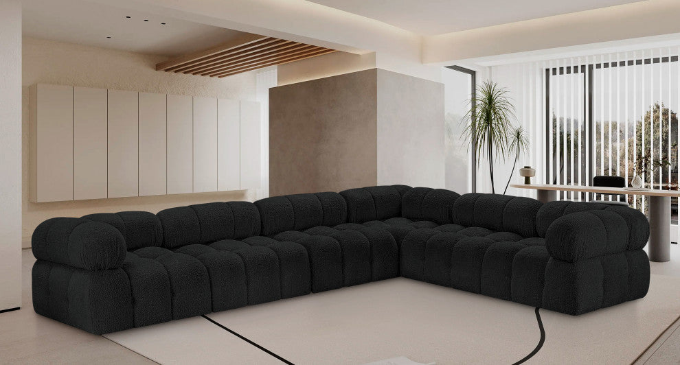 Ames Boucle Fabric L-Shaped Modular Sectional, Black, 6-Piece: 3 Armless Chair, 3 Corner Chair