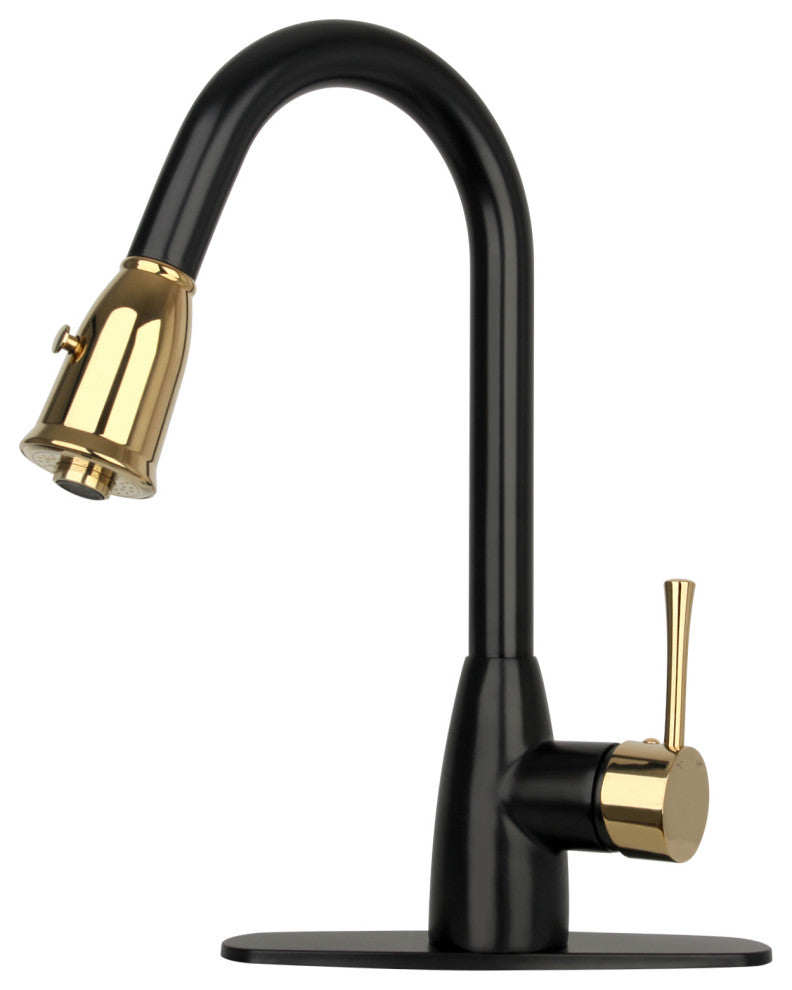 Pull Down Kitchen Faucet With Deck Plate, Two-Tone Matte Black and Gold