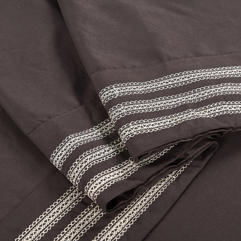 Serenta Trois Embroidered 4 Piece Bed Sheet Set, Chocolate, Twin