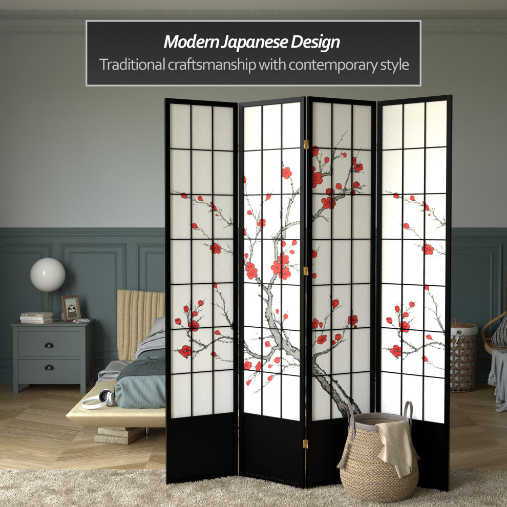 7' Tall Cherry Blossom Shoji Screen, Black, 4 Panels