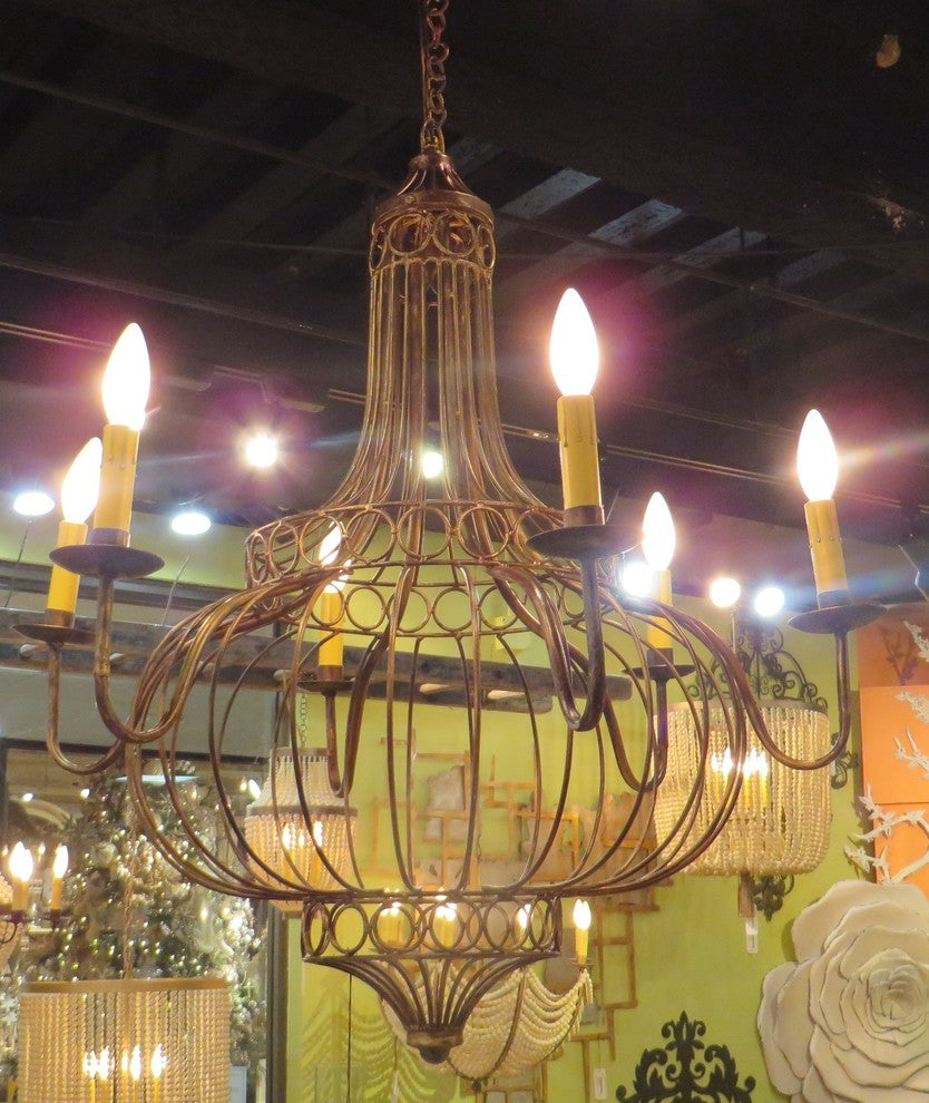 Bronze Iron French Basket Candle Chandelier, Romantic Country Cottage Globe