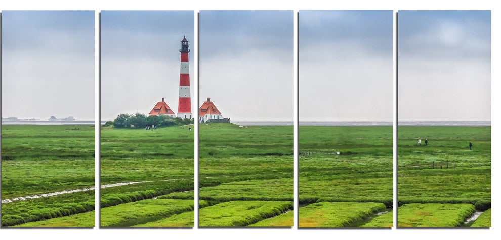 Westerheversand Lighthouse Panorama, Landscape Canvas Print, 60"x28", 5 Panels