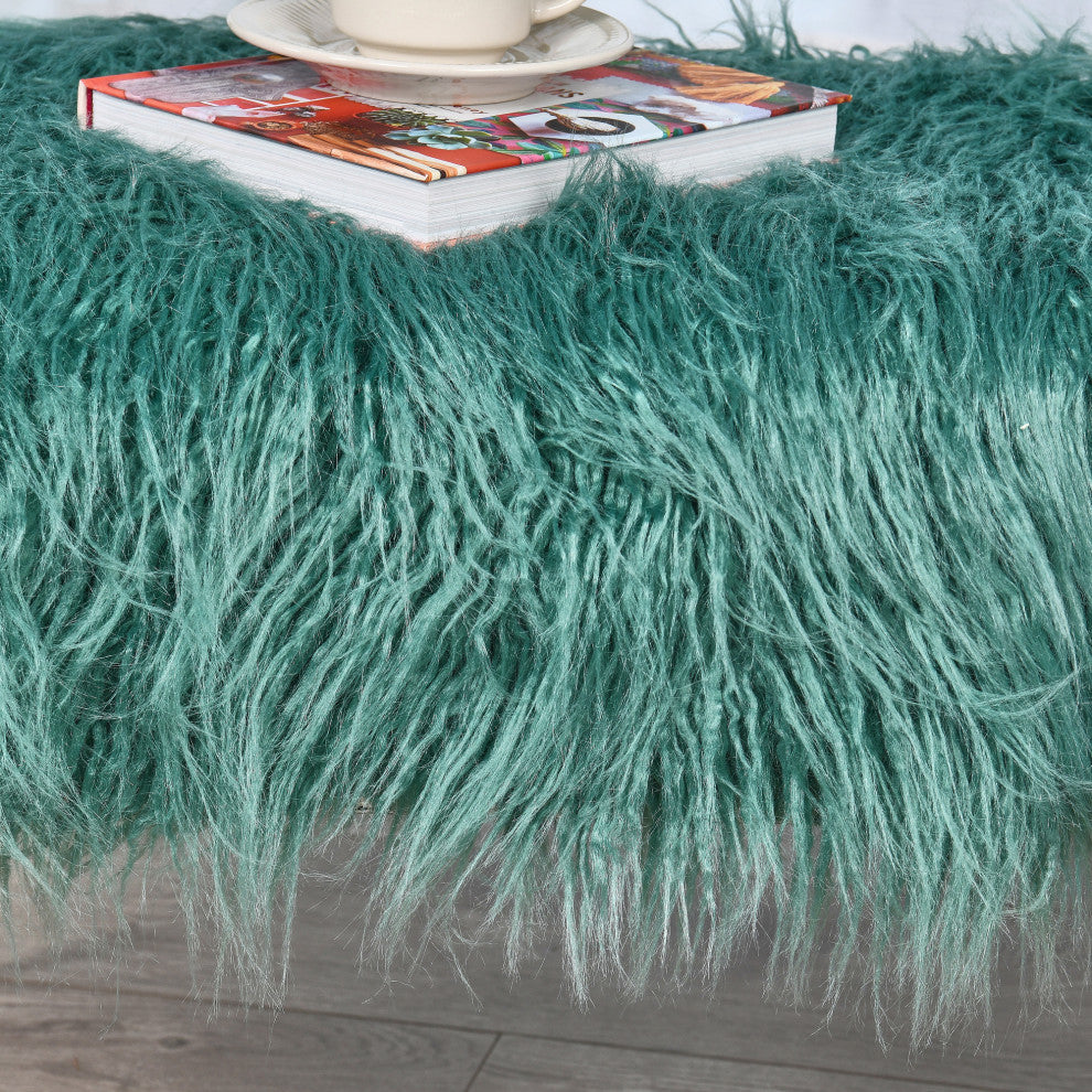 Mongolian Faux Fur Upholstered Ottoman Bench, Oil Blue, 46x16x22