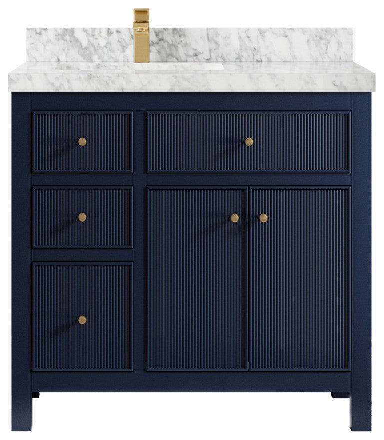 Sonoma 36 Left Offset Reeded  Bath Vanity in Hale Navy Blue 2" Carrara Marble