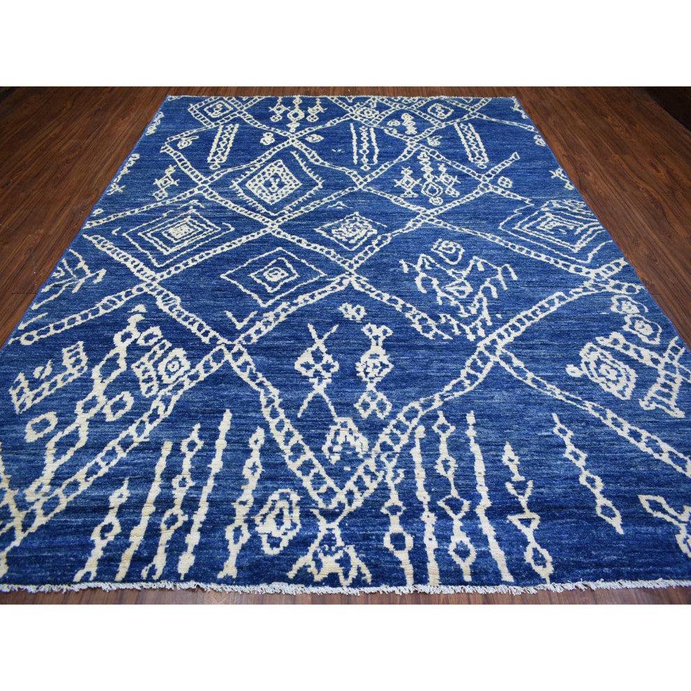 Blue, Hand Knotted, Soft and Shiny Wool, Moroccan Berber Rug, 8'10"x11'5"