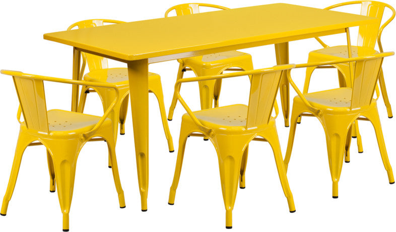 31.5"x63" Rectangular Yellow Metal 6-Piece Table Set Arm Chairs