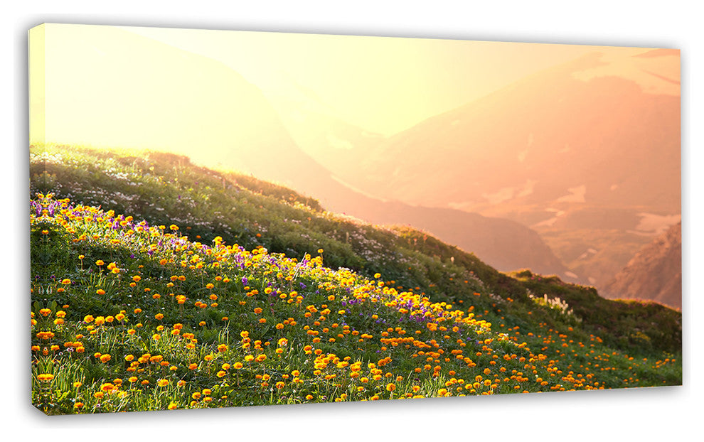Flowering Mountain Meadow View, Oversized Landscape Canvas Art, 32"x16"