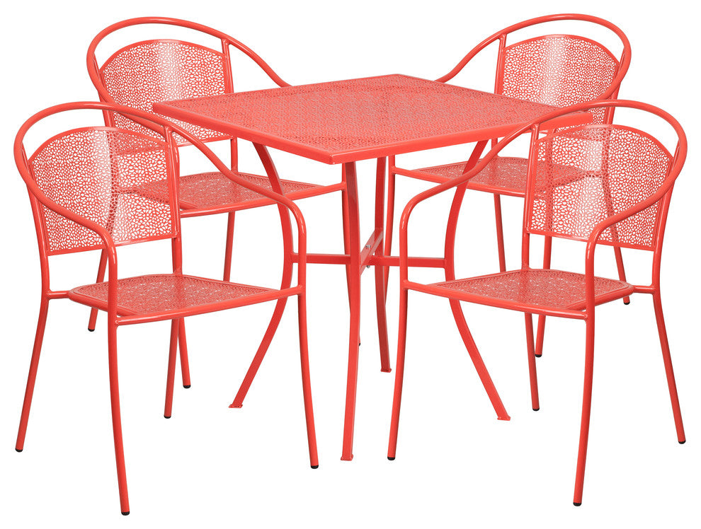 28'' Square Coral Indoor-Outdoor Steel Patio Table Set With 4 Round Back Chairs