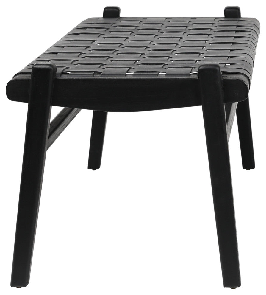 Alora 45" Teak and Black Woven Leather Bench