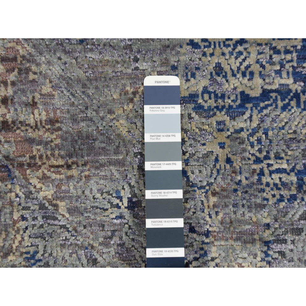 Blue Silk With Wool Erased Rosette Design Hand Knotted Oriental Rug 8'9"x12'