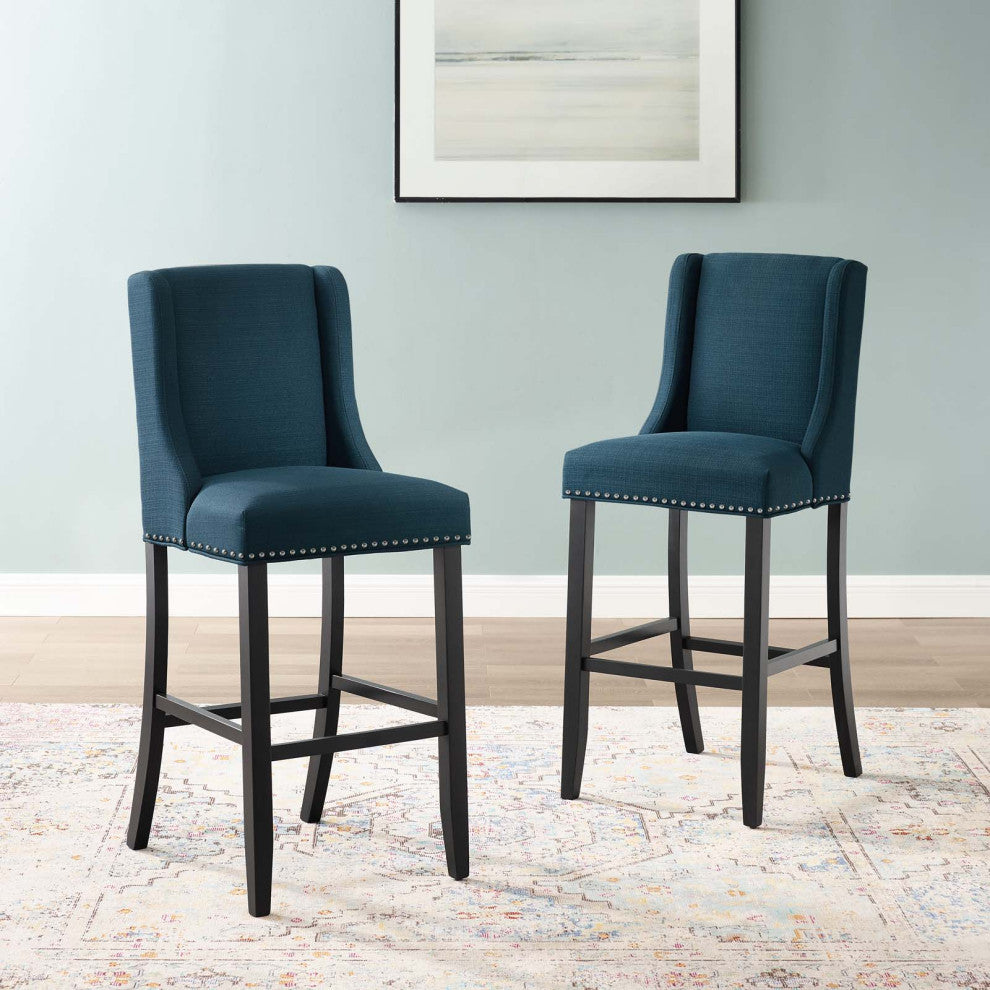 Bar Stool Chair Barstool, Set of 2, Fabric, Wood, Navy Blue, Modern, Bar Pub
