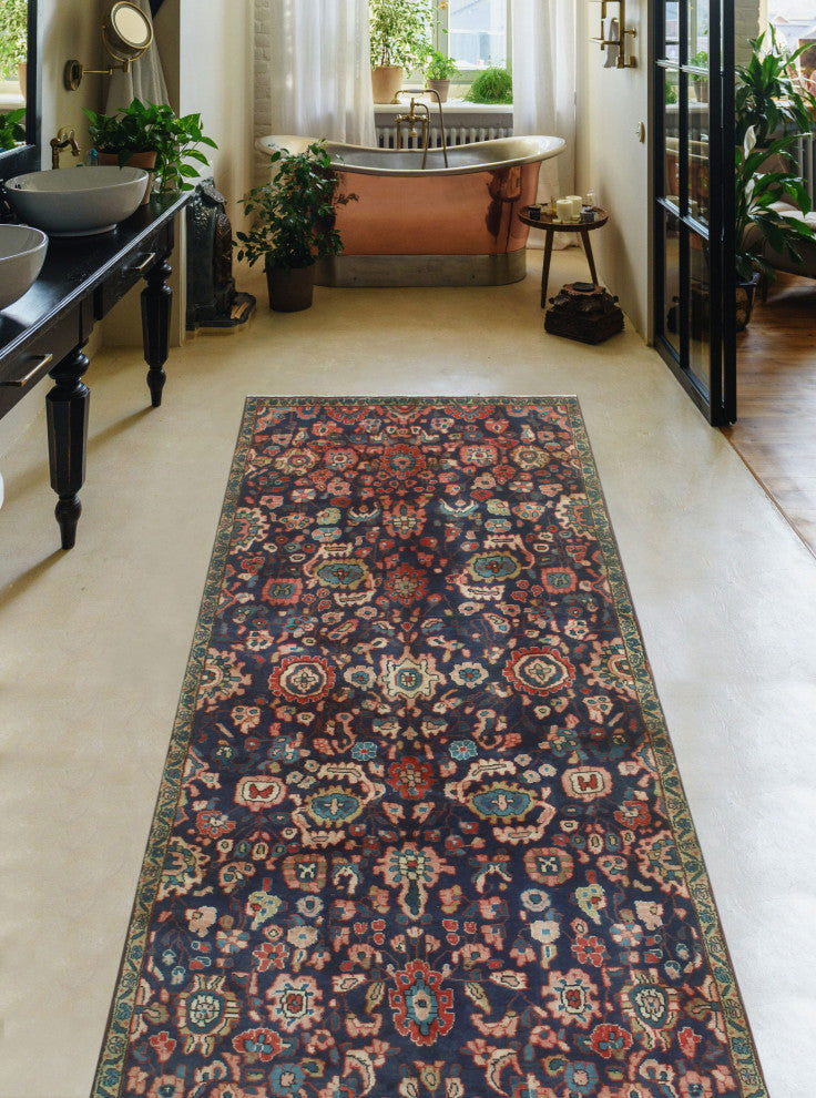 Fine Vintage Distressed Kohen Navy/Beige Runner, 3'7x8'11