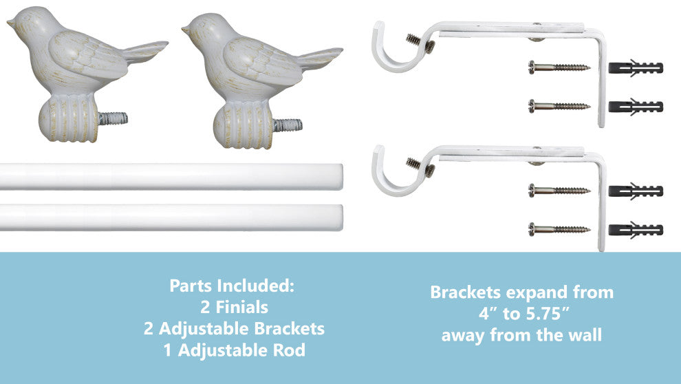3/4" Bird Adjustable Curtain Rod, Gilded White, 28"-48"