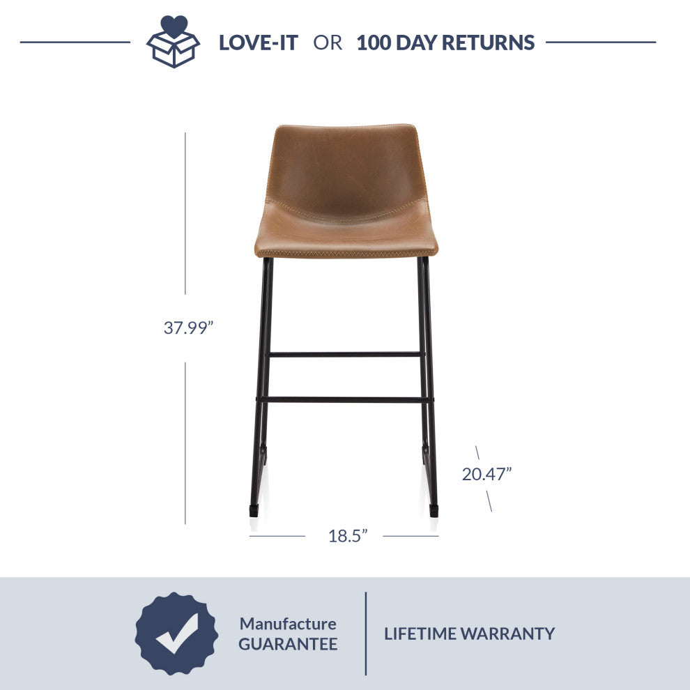 Modern Upholstered Faux Leather Barstools, Whiskey Brown